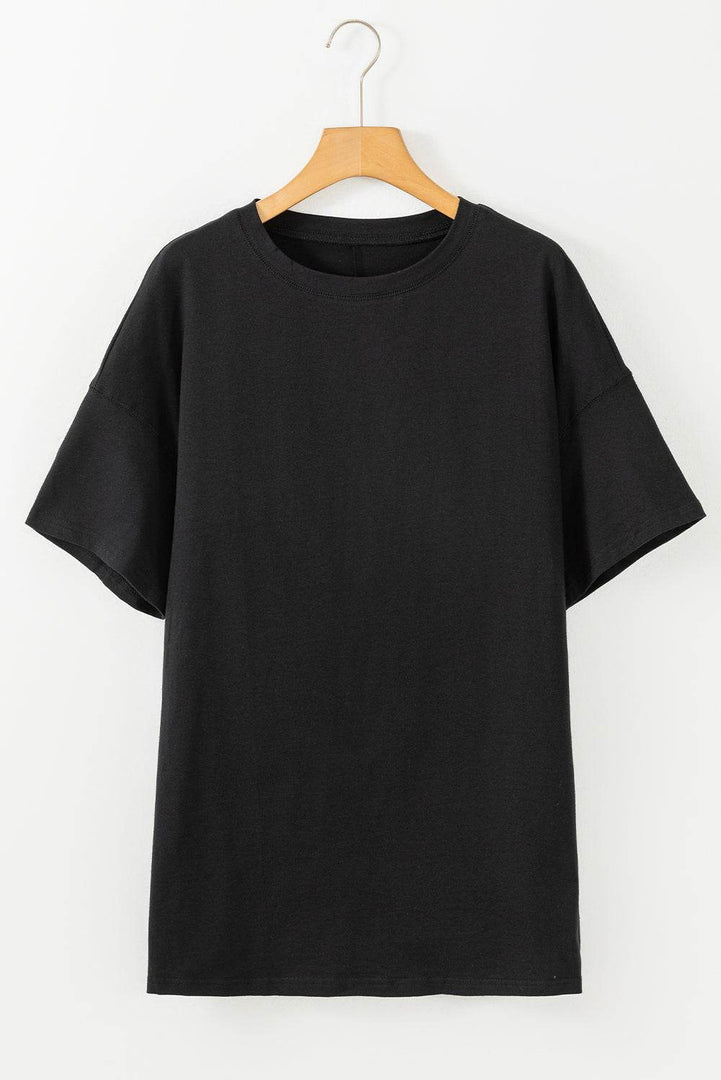 Black Solid Color Round Neck Basic Tunic T Shirt - Fashion Queen -  9
