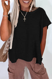 Black Solid Color Sweater Tee with Side Slits - Fashion Queen -  1