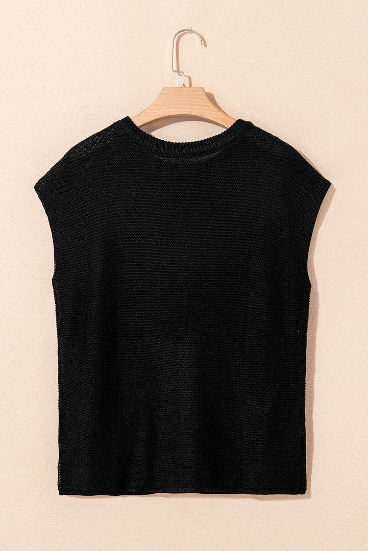Black Solid Color Sweater Tee with Side Slits - Fashion Queen -  12