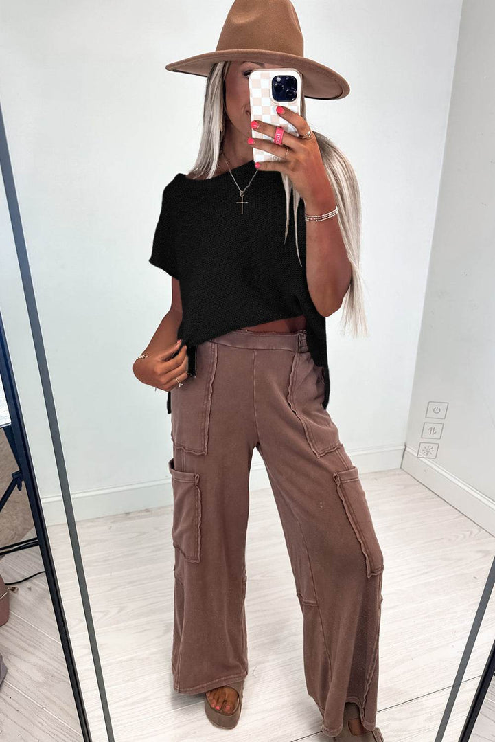 Black Solid Color Sweater Tee with Side Slits - Fashion Queen -  14