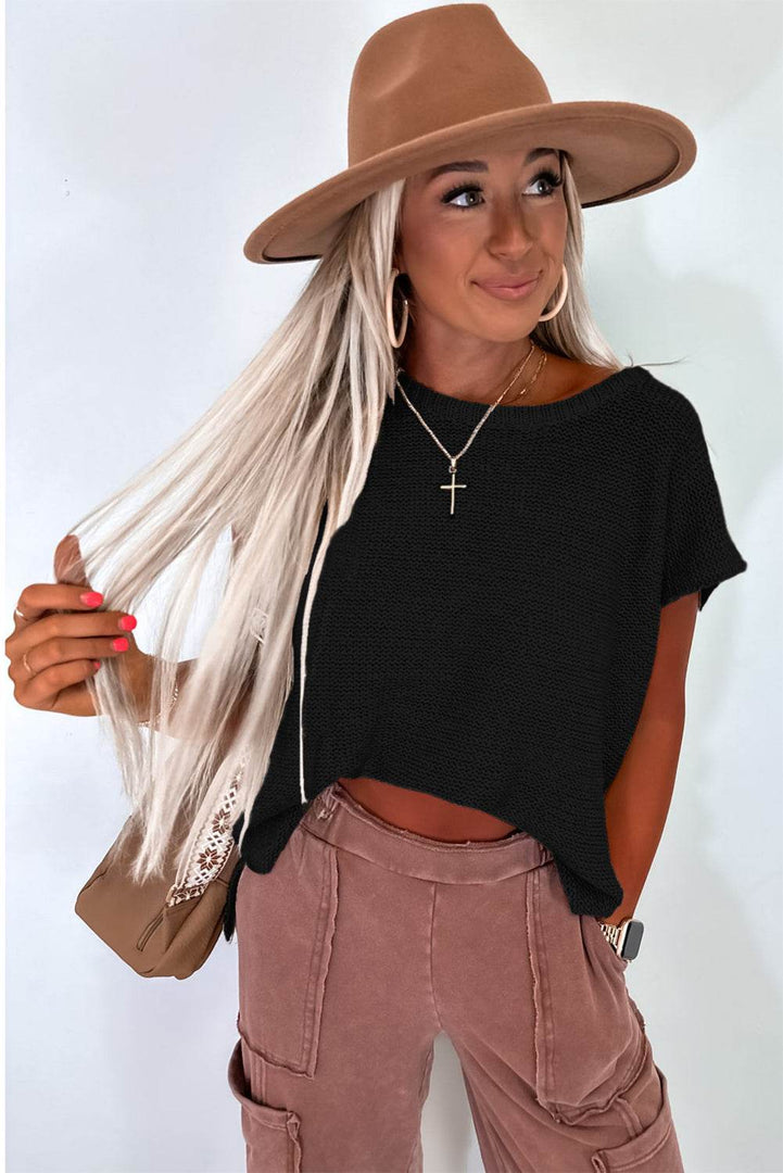Black Solid Color Sweater Tee with Side Slits - Fashion Queen -  15