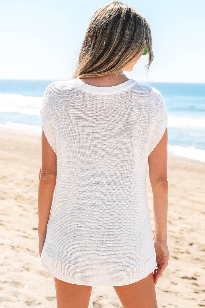 Black Solid Color Sweater Tee with Side Slits - Fashion Queen -  25