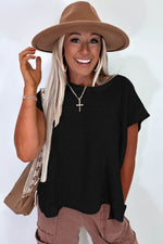 Load image into Gallery viewer, Black Solid Color Sweater Tee with Side Slits - Fashion Queen -  3
