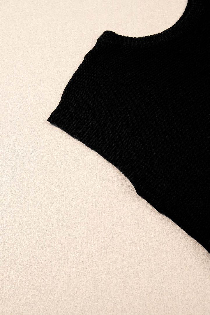 Black Solid Color Sweater Tee with Side Slits - Fashion Queen -  6