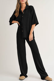 Black Solid Color Textured Buttoned Shirt and Casual Pants Set - Fashion Queen -  1