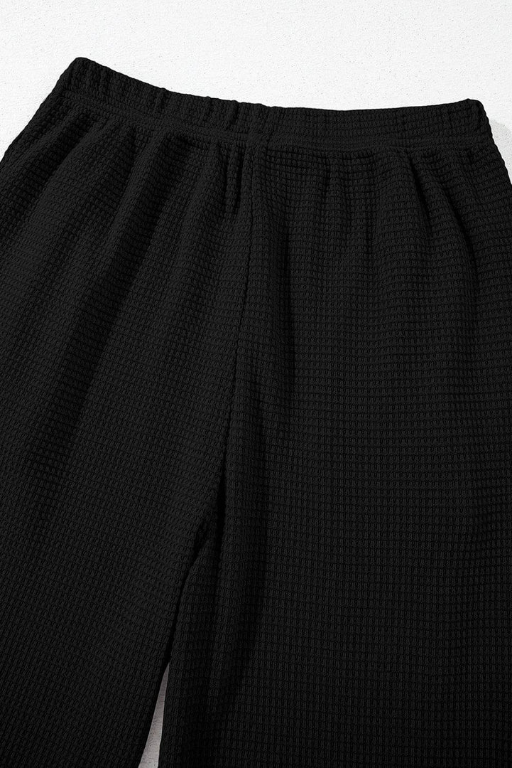 Black Solid Color Textured Buttoned Shirt and Casual Pants Set - Fashion Queen -  10