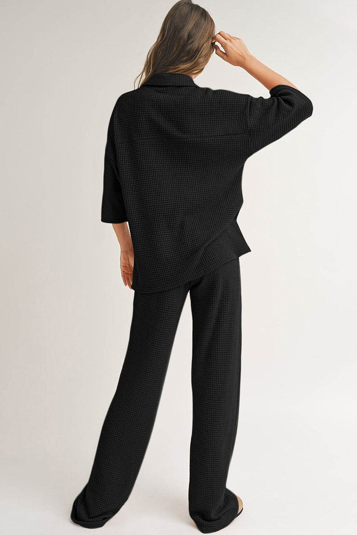 Black Solid Color Textured Buttoned Shirt and Casual Pants Set - Fashion Queen -  2