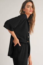 Load image into Gallery viewer, Black Solid Color Textured Buttoned Shirt and Casual Pants Set - Fashion Queen -  3

