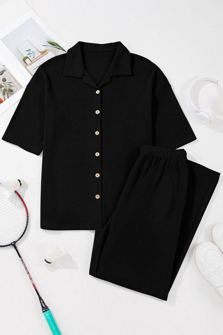 Black Solid Color Textured Buttoned Shirt and Casual Pants Set - Fashion Queen -  5