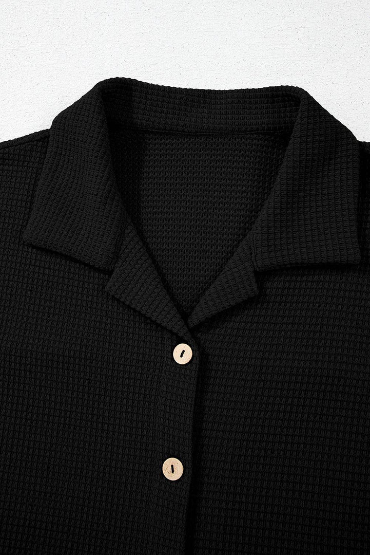Black Solid Color Textured Buttoned Shirt and Casual Pants Set - Fashion Queen -  7