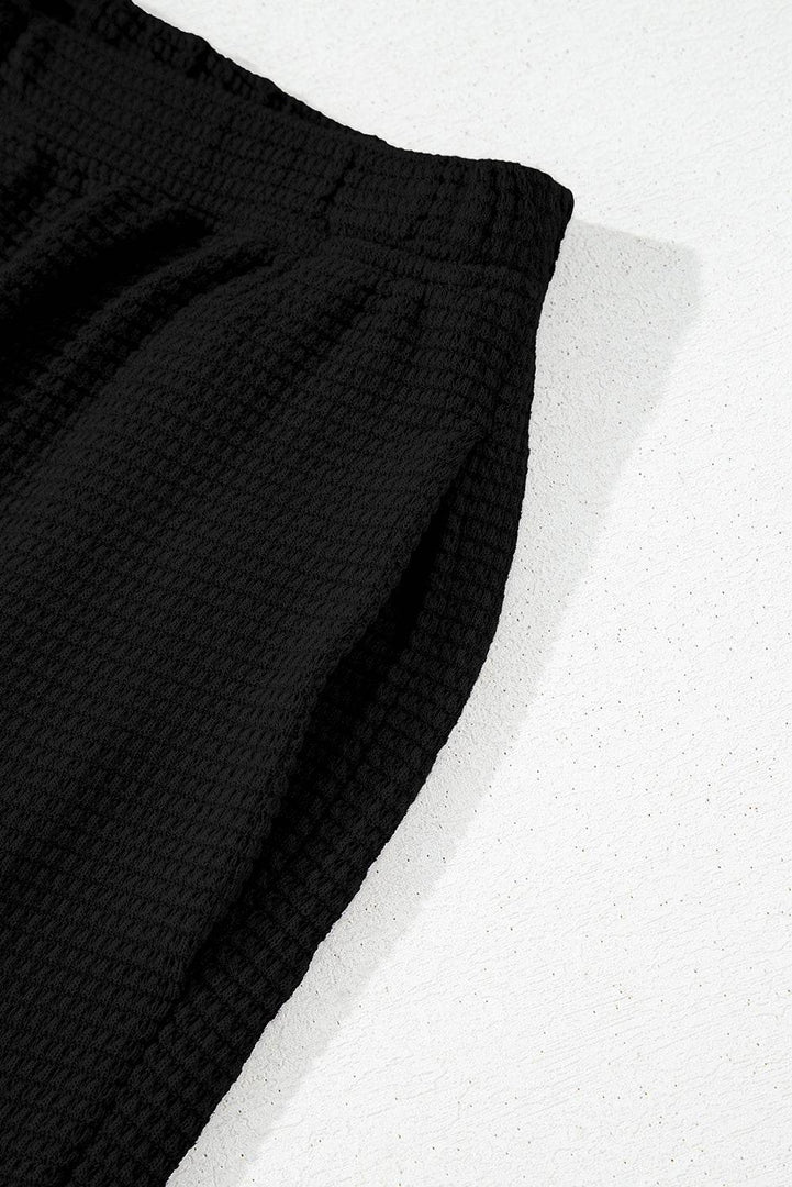 Black Solid Color Textured Buttoned Shirt and Casual Pants Set - Fashion Queen -  9