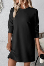 Load image into Gallery viewer, Black Solid Color Textured Long Sleeve Shift Dress - Fashion Queen -  1
