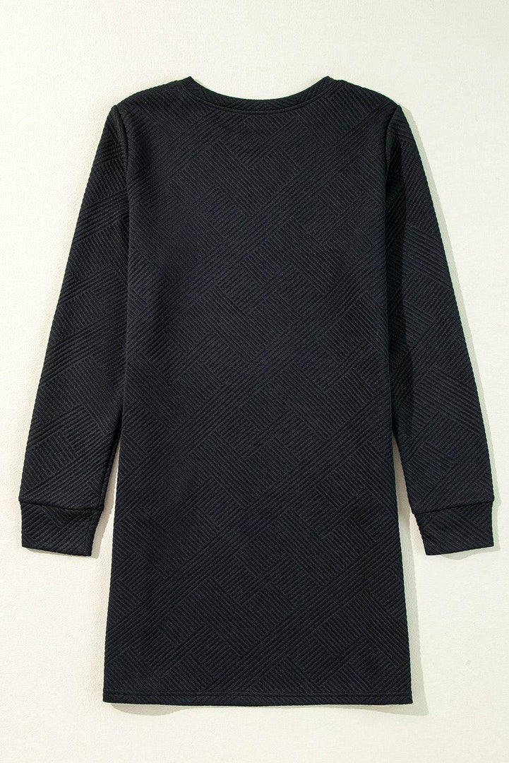 Black Solid Color Textured Long Sleeve Shift Dress - Fashion Queen -  13