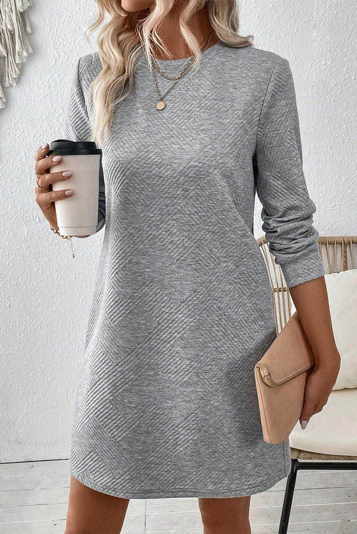 Black Solid Color Textured Long Sleeve Shift Dress - Fashion Queen -  20