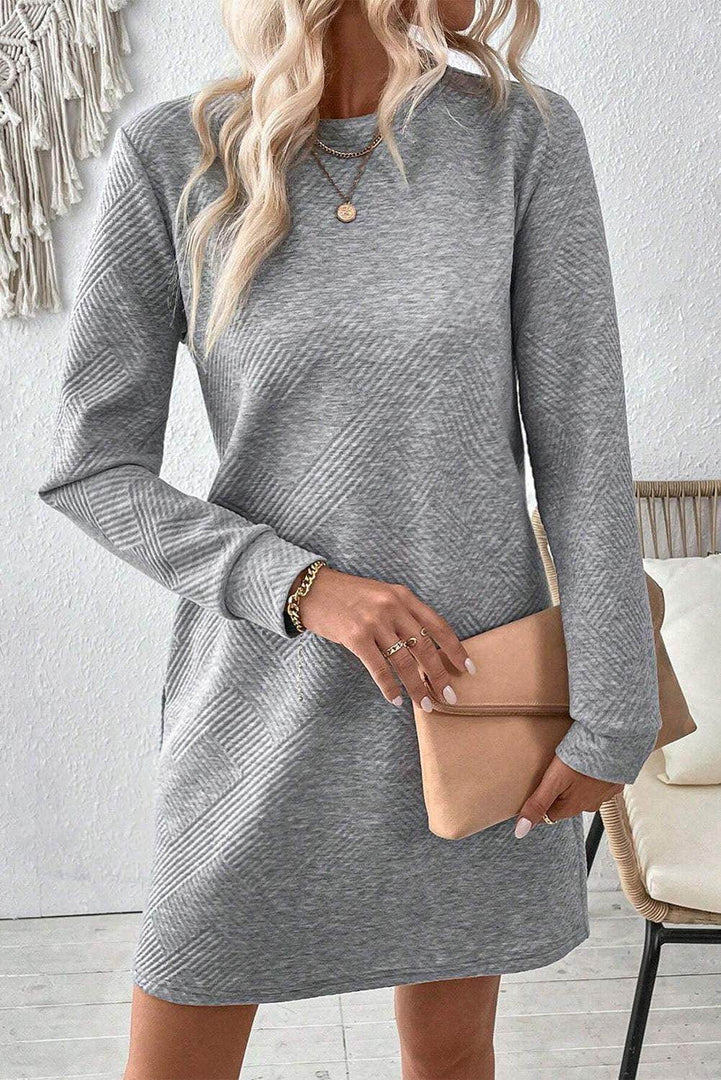 Black Solid Color Textured Long Sleeve Shift Dress - Fashion Queen -  21