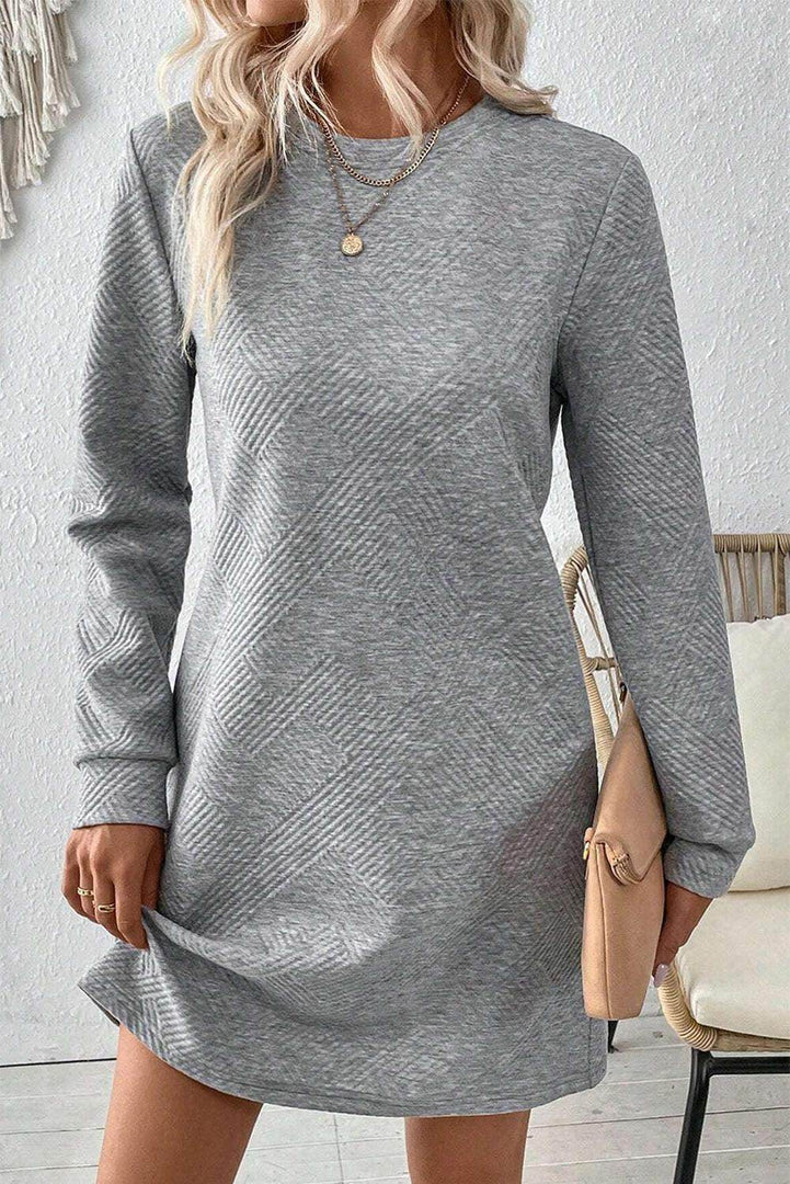 Black Solid Color Textured Long Sleeve Shift Dress - Fashion Queen -  22
