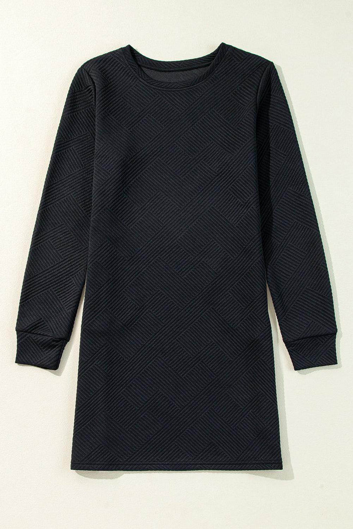 Black Solid Color Textured Long Sleeve Shift Dress - Fashion Queen -  3