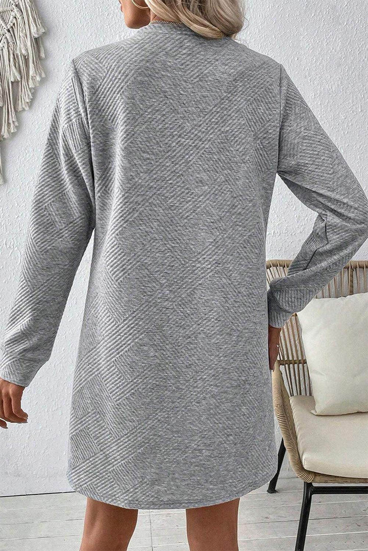 Black Solid Color Textured Long Sleeve Shift Dress - Fashion Queen -  5