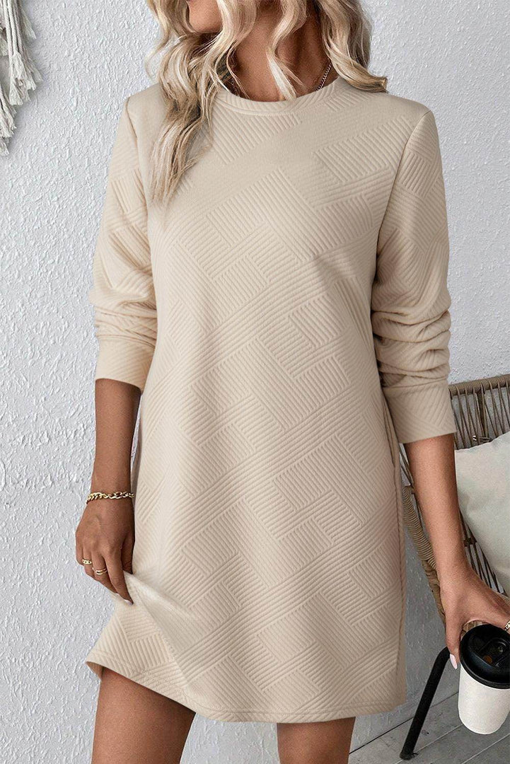 Black Solid Color Textured Long Sleeve Shift Dress - Fashion Queen -  7