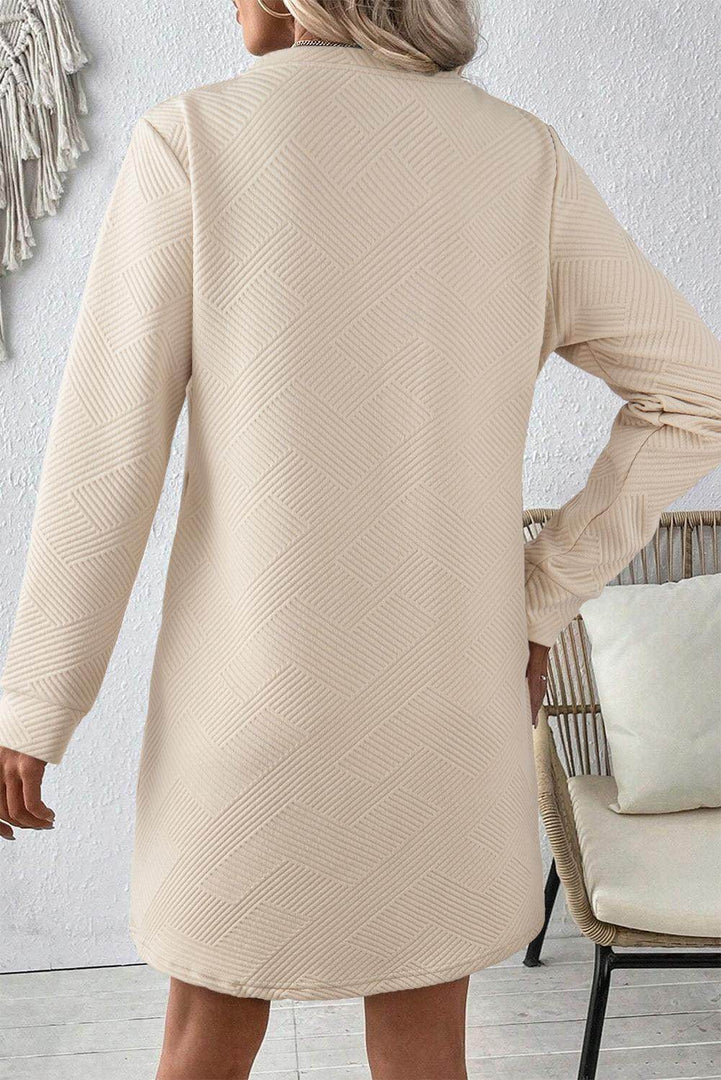 Black Solid Color Textured Long Sleeve Shift Dress - Fashion Queen -  8