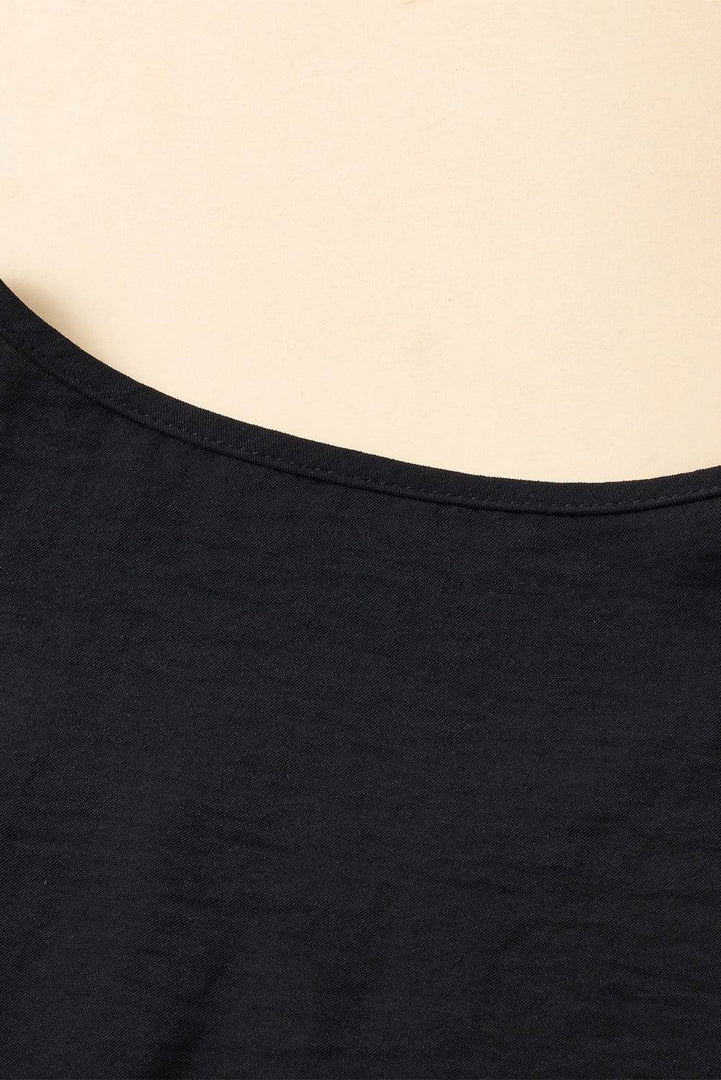 Black Solid Color Textured Pleated Flutter Sleeve Blouse - Fashion Queen -  15