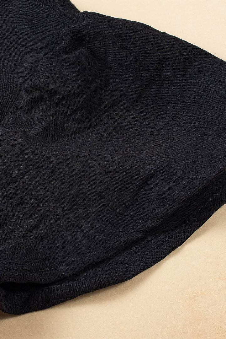 Black Solid Color Textured Pleated Flutter Sleeve Blouse - Fashion Queen -  17