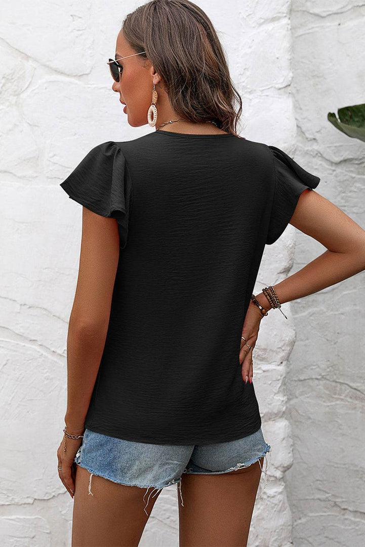 Black Solid Color Textured Pleated Flutter Sleeve Blouse - Fashion Queen -  2