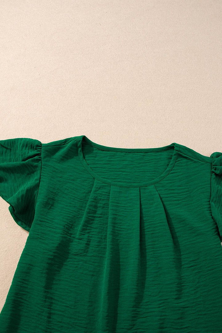 Black Solid Color Textured Pleated Flutter Sleeve Blouse - Fashion Queen -  25