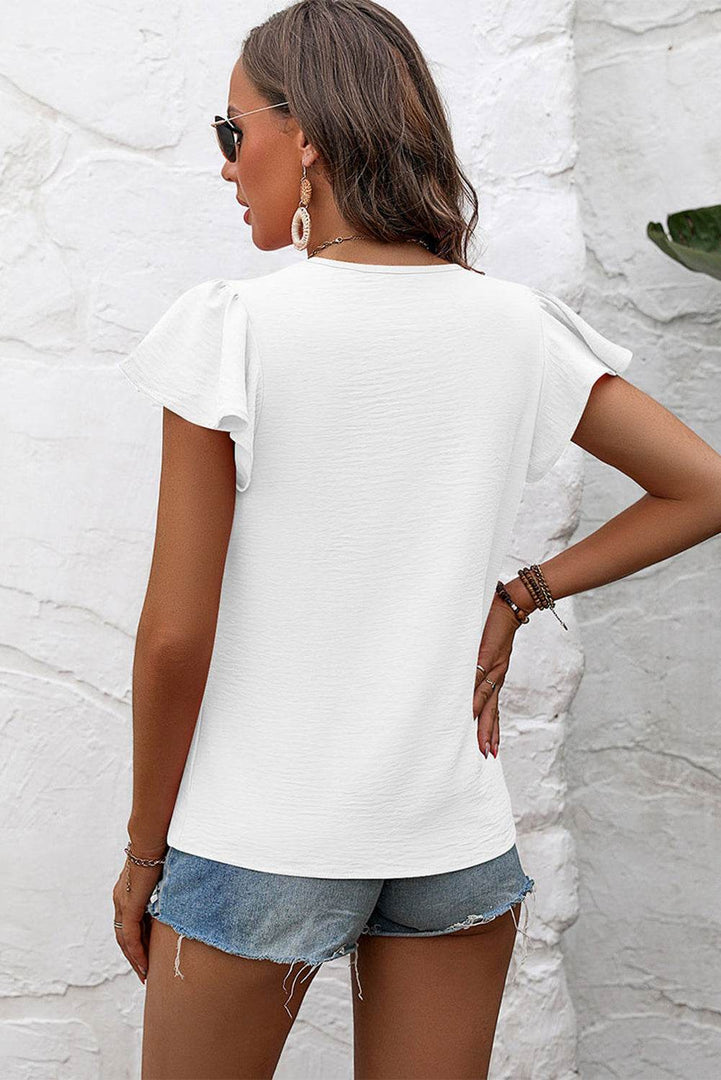 Black Solid Color Textured Pleated Flutter Sleeve Blouse - Fashion Queen -  5
