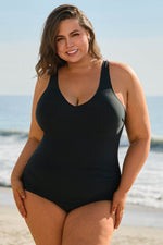 Load image into Gallery viewer, Black Solid Color U Neck Padded Plus Size One Piece Swimsuit - Fashion Queen -  1
