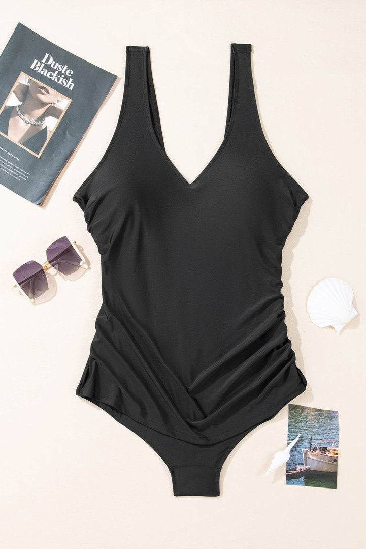 Black Solid Color U Neck Padded Plus Size One Piece Swimsuit - Fashion Queen -  10