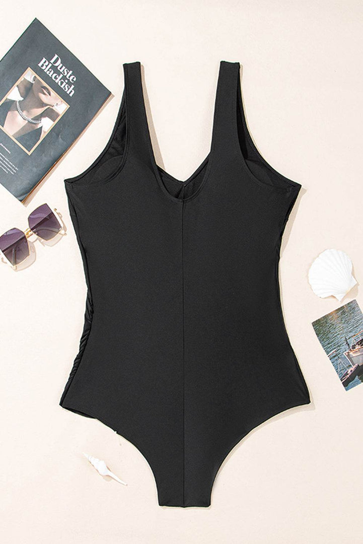 Black Solid Color U Neck Padded Plus Size One Piece Swimsuit - Fashion Queen -  11