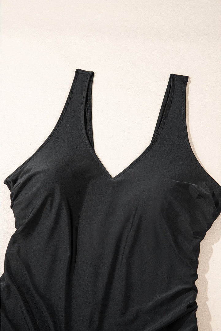 Black Solid Color U Neck Padded Plus Size One Piece Swimsuit - Fashion Queen -  12