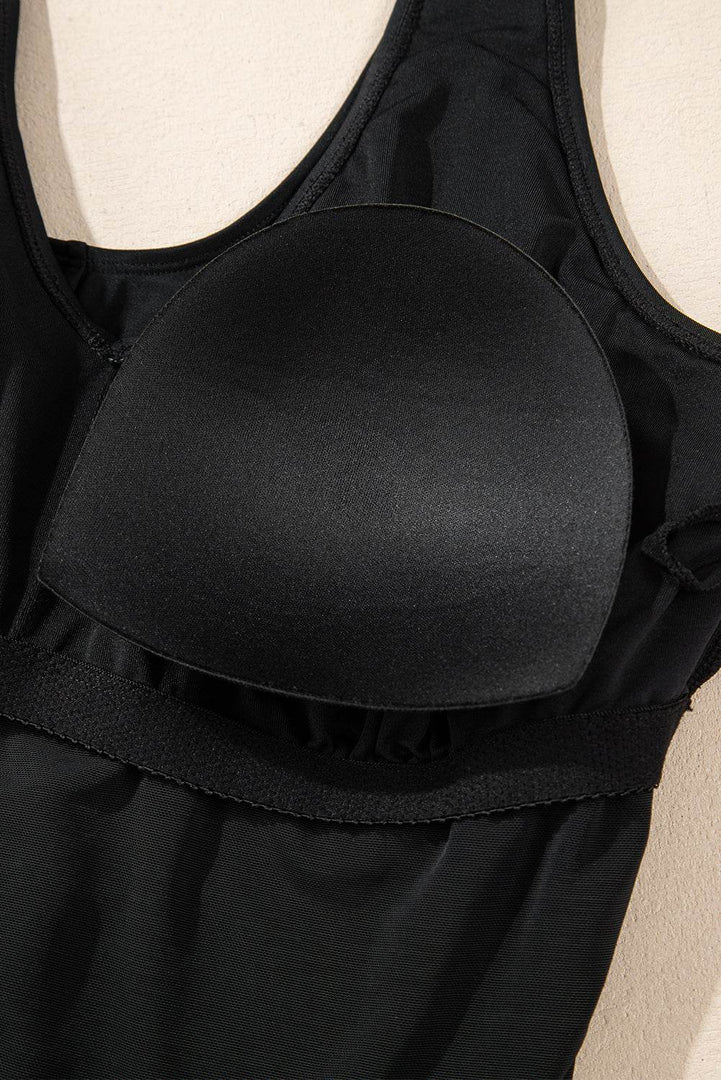 Black Solid Color U Neck Padded Plus Size One Piece Swimsuit - Fashion Queen -  14