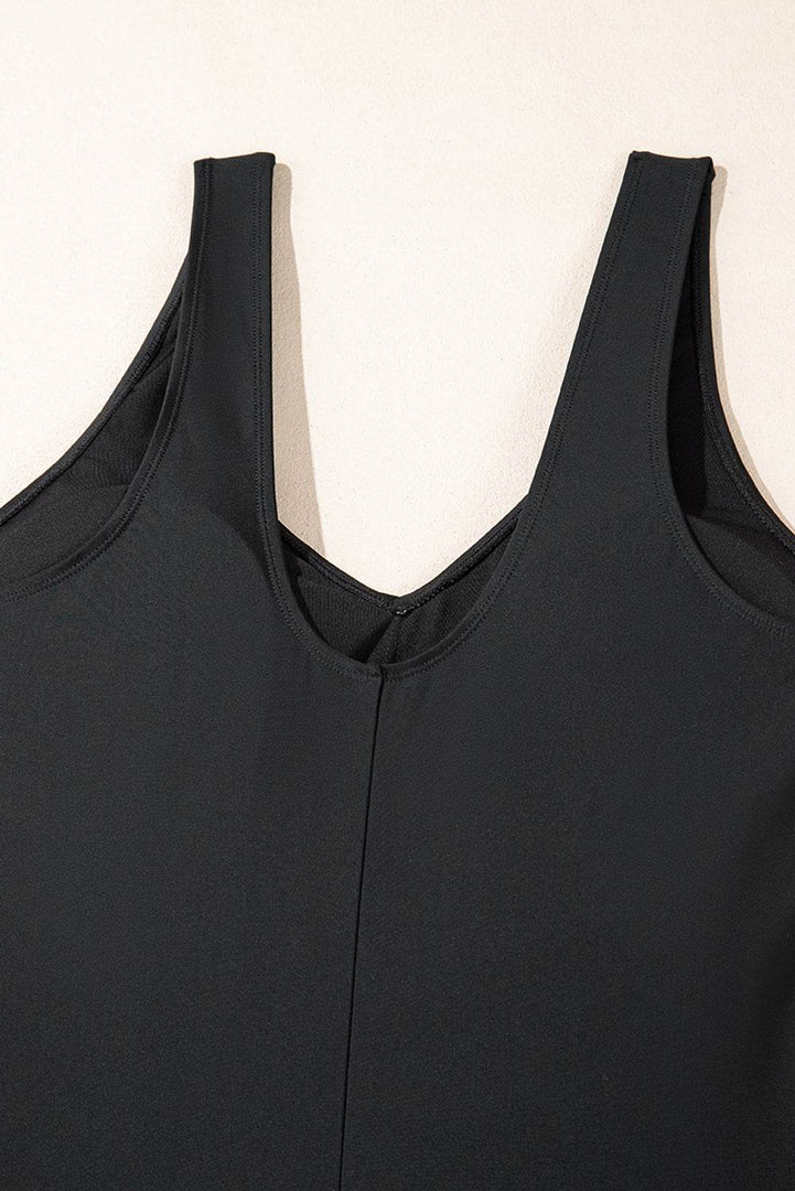 Black Solid Color U Neck Padded Plus Size One Piece Swimsuit - Fashion Queen -  18