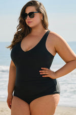 Load image into Gallery viewer, Black Solid Color U Neck Padded Plus Size One Piece Swimsuit - Fashion Queen -  3
