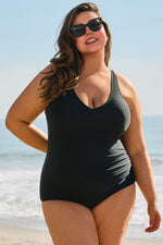 Load image into Gallery viewer, Black Solid Color U Neck Padded Plus Size One Piece Swimsuit - Fashion Queen -  4
