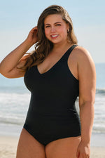 Load image into Gallery viewer, Black Solid Color U Neck Padded Plus Size One Piece Swimsuit - Fashion Queen -  5
