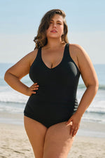 Load image into Gallery viewer, Black Solid Color U Neck Padded Plus Size One Piece Swimsuit - Fashion Queen -  6
