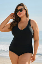 Load image into Gallery viewer, Black Solid Color U Neck Padded Plus Size One Piece Swimsuit - Fashion Queen -  7
