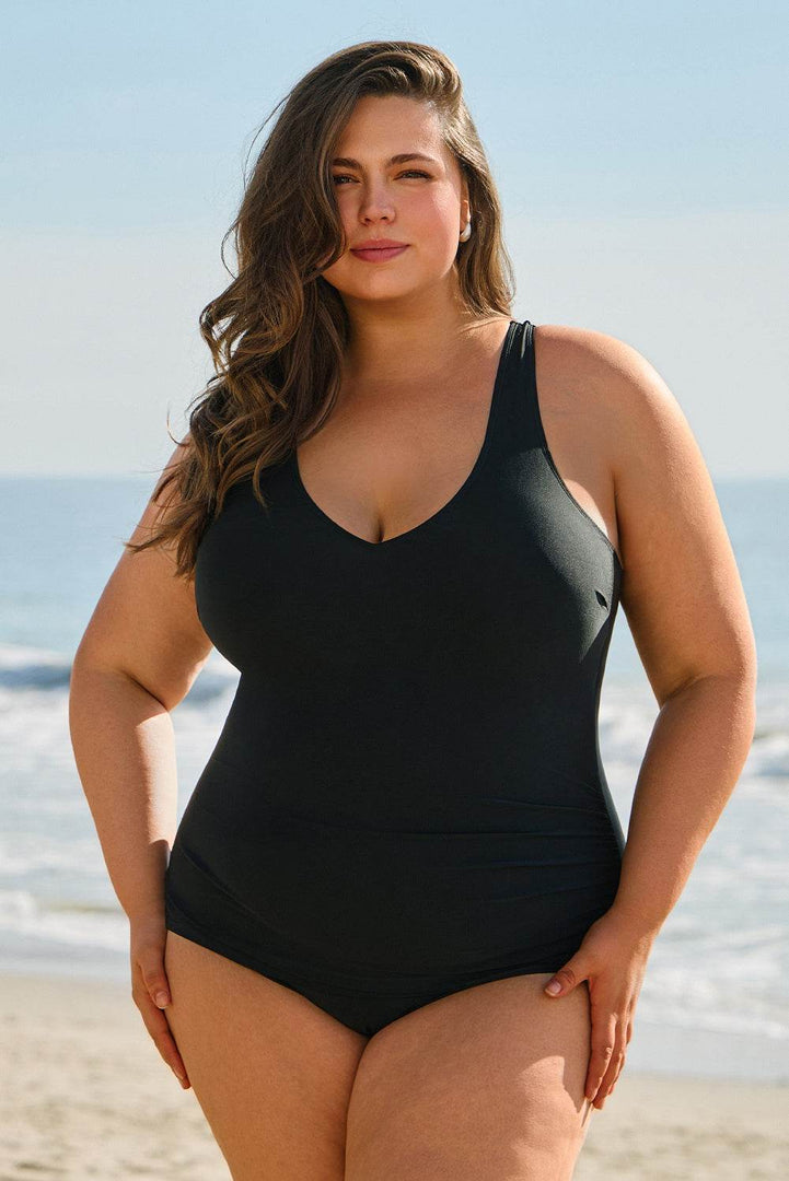 Black Solid Color U Neck Padded Plus Size One Piece Swimsuit - Fashion Queen -  8