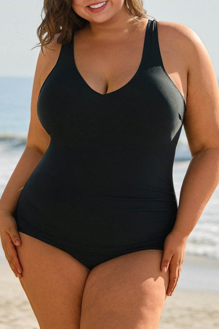 Black Solid Color U Neck Padded Plus Size One Piece Swimsuit - Fashion Queen -  9