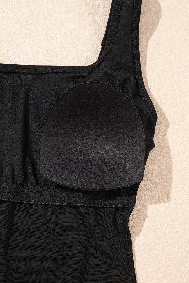 Black Solid Criss Cross Backless Square Neck One Piece Swimsuit - Fashion Queen -  17