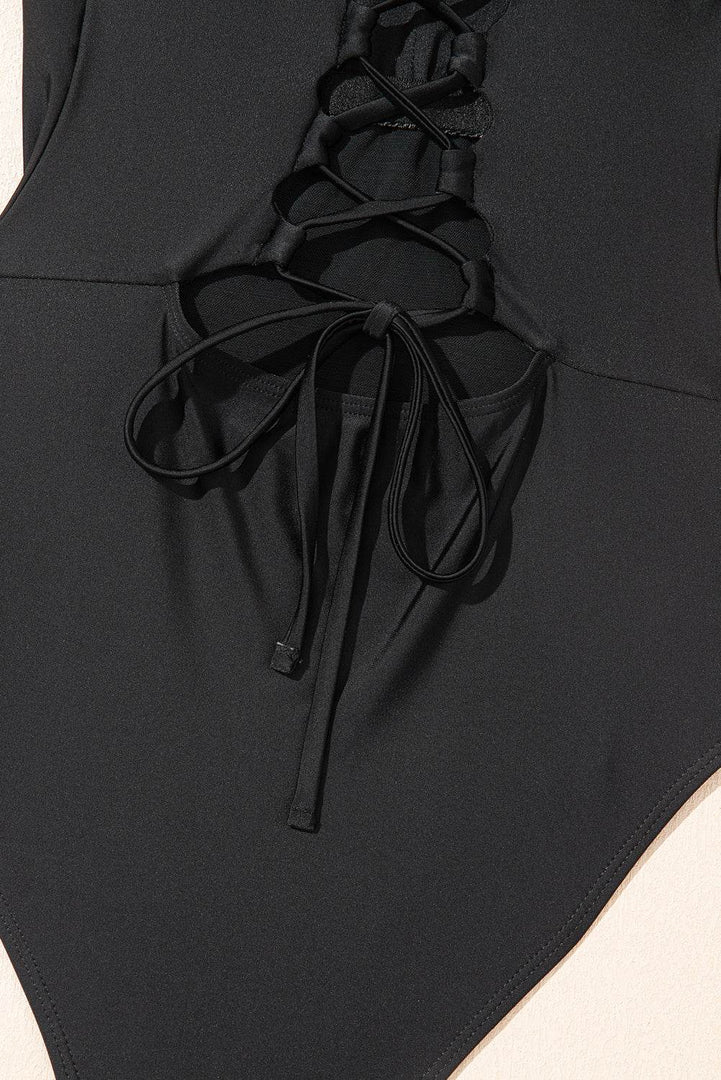 Black Solid Criss Cross Backless Square Neck One Piece Swimsuit - Fashion Queen -  24
