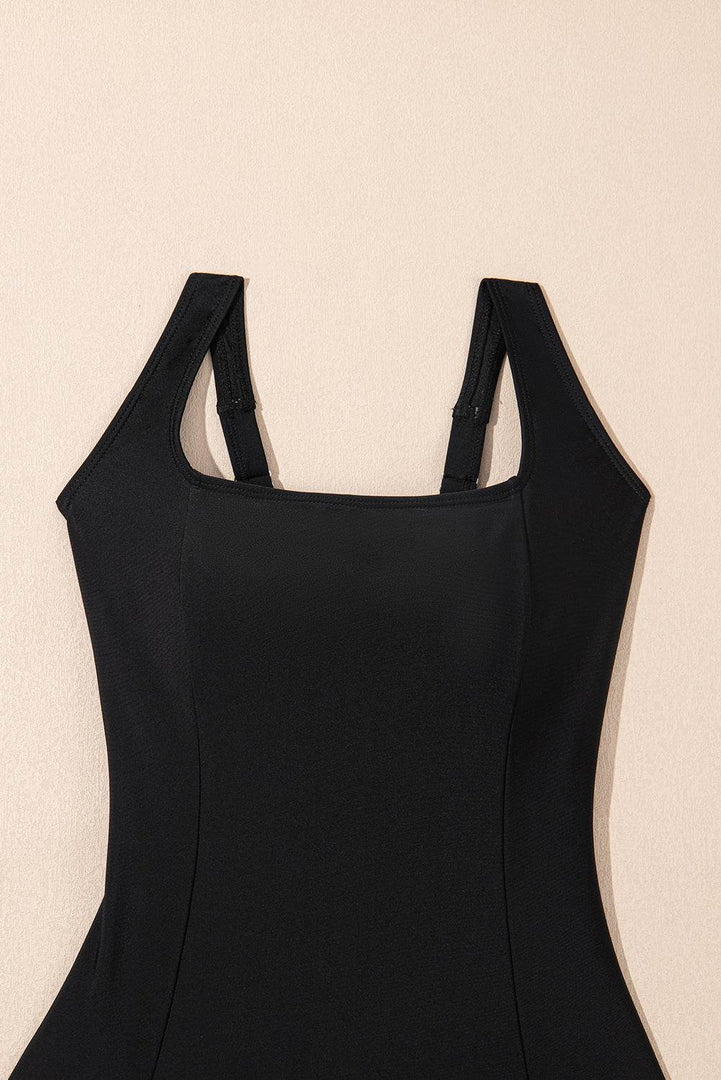 Black Solid Criss Cross Backless Square Neck One Piece Swimsuit - Fashion Queen -  26