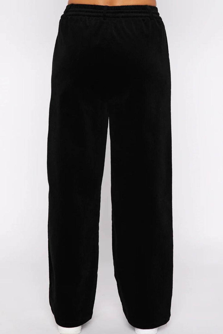 Black Solid Drawstring Waist Wide Leg Pants - Fashion Queen -  12
