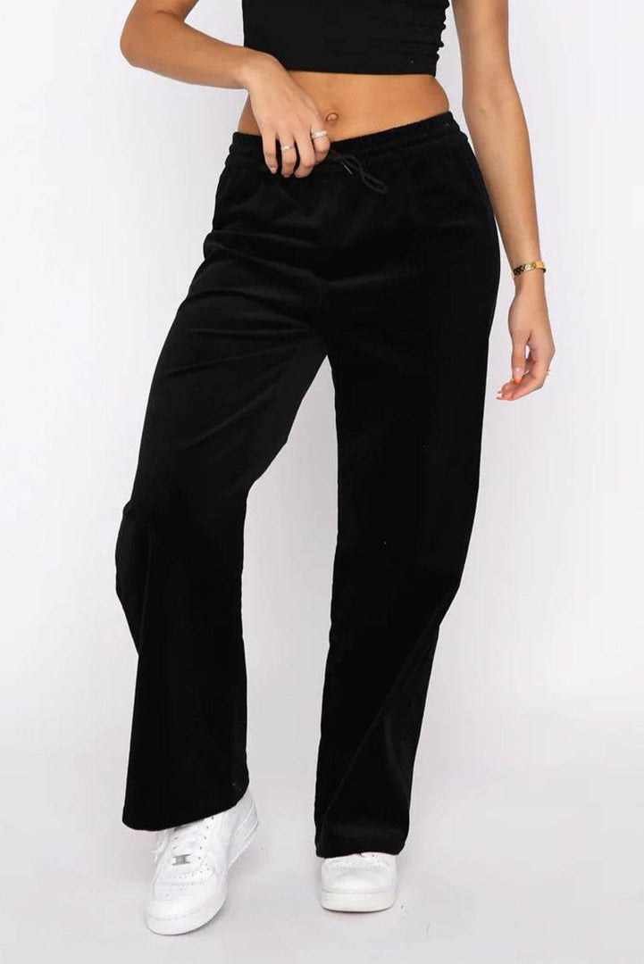 Black Solid Drawstring Waist Wide Leg Pants - Fashion Queen -  13