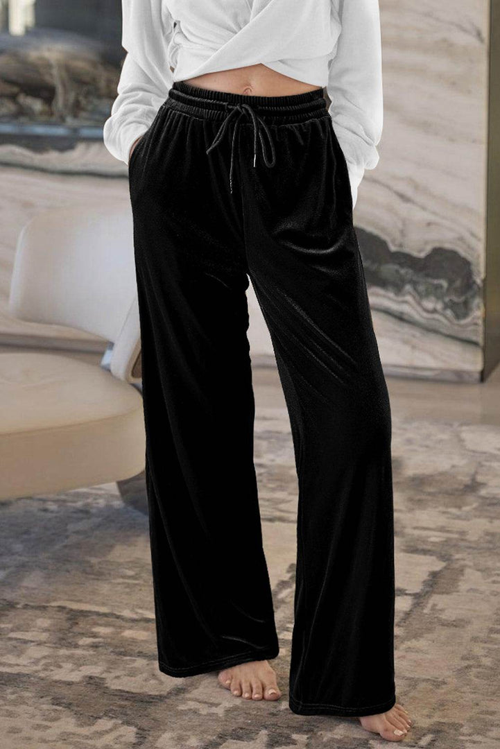 Black Solid Drawstring Waist Wide Leg Pants - Fashion Queen -  15