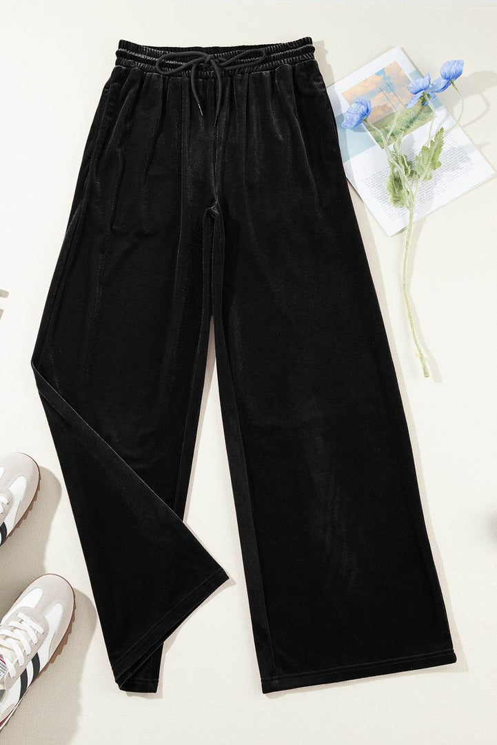 Black Solid Drawstring Waist Wide Leg Pants - Fashion Queen -  16