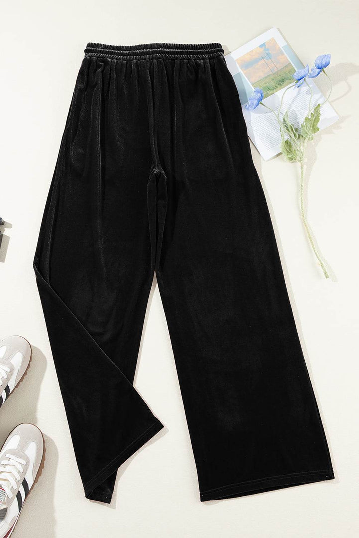 Black Solid Drawstring Waist Wide Leg Pants - Fashion Queen -  17